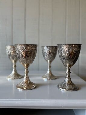 Ornate Silver Embossed Goblet Set - Decorative Wine Cups (Set of 4)